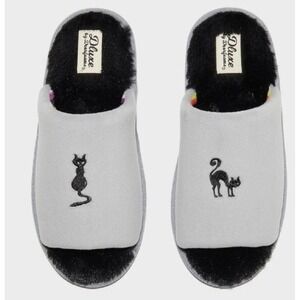 Dearfoams Dluxe Halloween Slippers Womens M 7-8 Black Cats On Gray Memory Foam